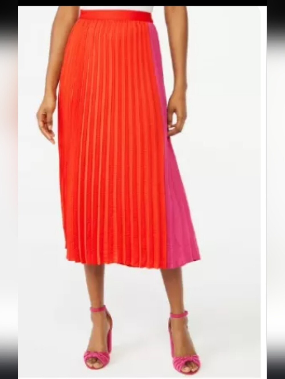 Colorblock Pleated Midi Skirt in Red and Magenta Size L (12-14)